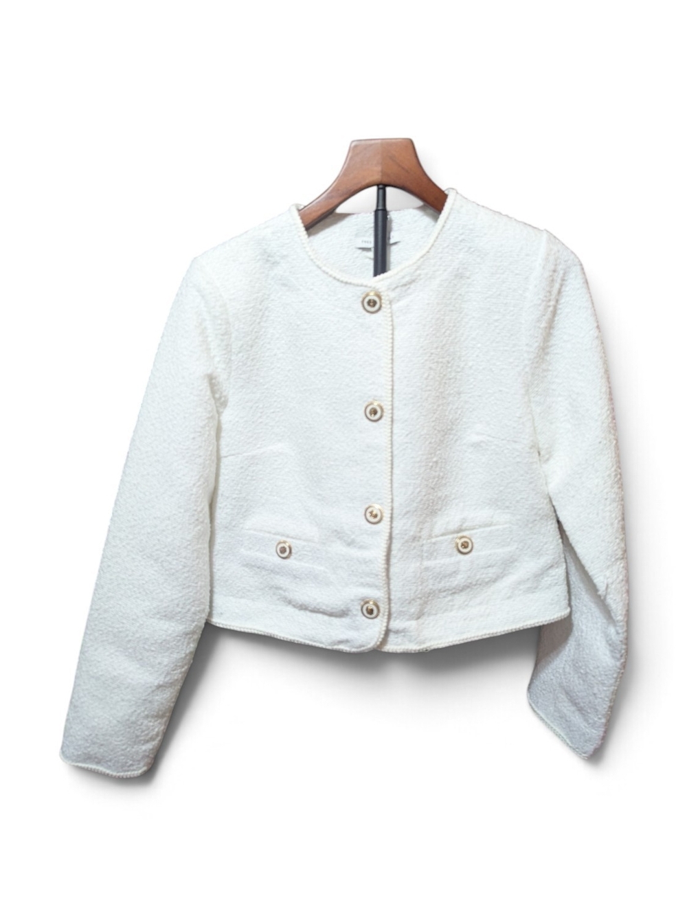 Cropped White Tweed Button Jacket